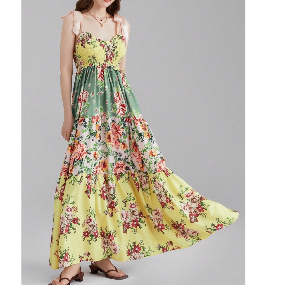 Boho Multicolor Floral Print Shirred Shoulder Tie Ruffle Hem Dress - Picture 4 of 4